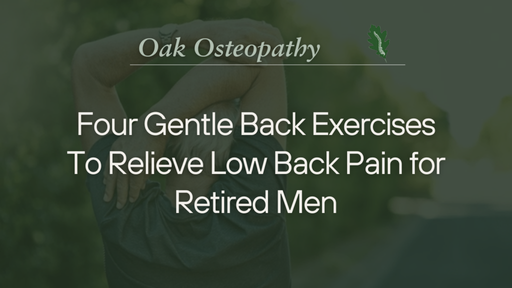 An older man stretching his back outdoors, representing gentle exercises to relieve low back pain for retired men.